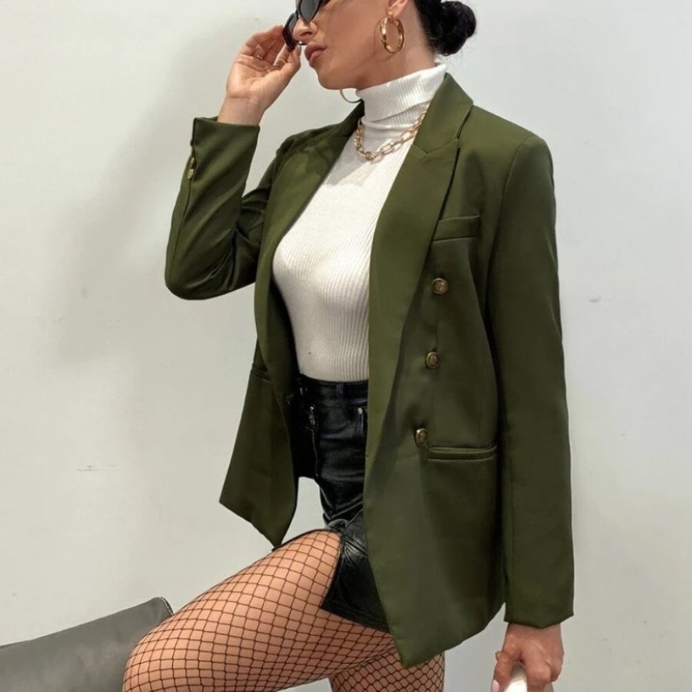 Lapel Collar Double Breasted Blazer  Army Green - Picture 5 of 8
